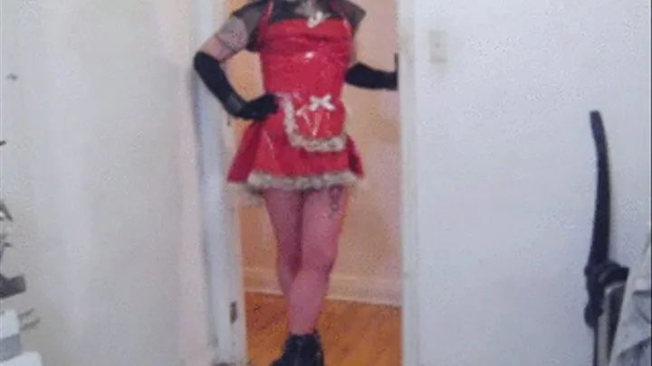 Gothy Sissy In Red Maid Uniform Masturbating