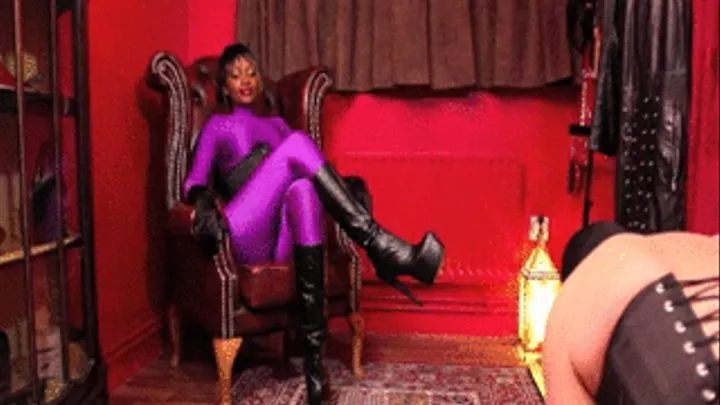 Worshipping a Strict black Mistress's 6 inch boots