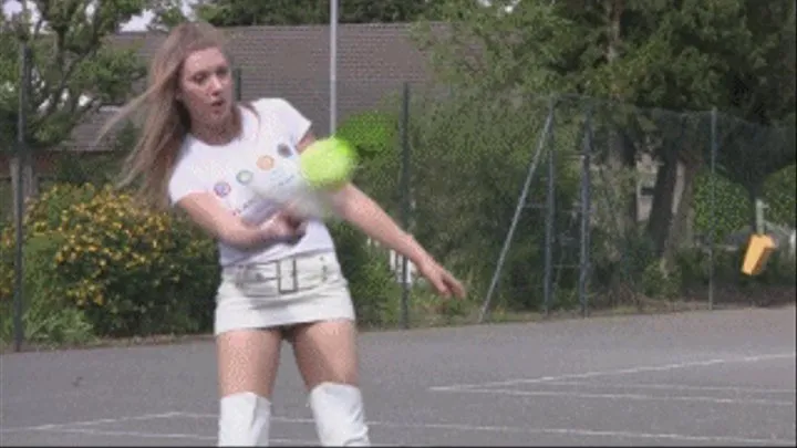 Tennis in White Thigh Boots & Leather Micro Skirt