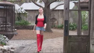 UK Babe in Texas in Red Thigh Boots & Mini Skirt