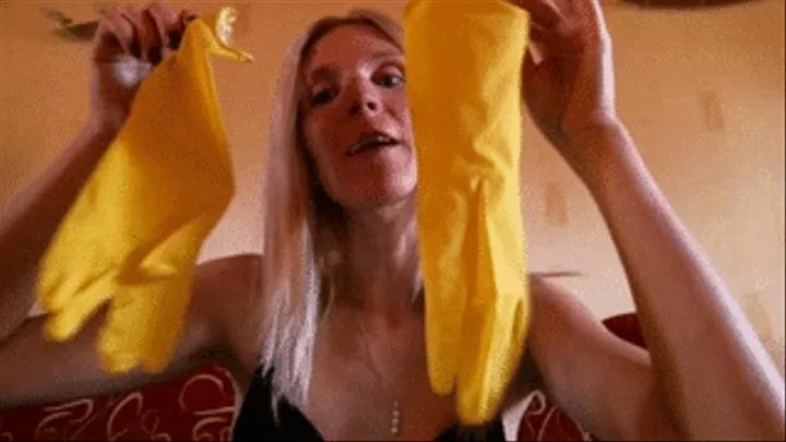 Handjob with yellow latex gloves (latex)