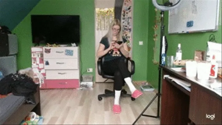 Pink slippers, white socks pulled up & leggings *custom* (shrinking fetish)