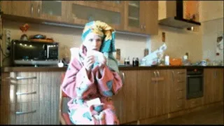 Blowing nose in bathrobe and towel on head *custom*