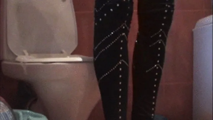 Toilet clip with shiny leggings and high heels