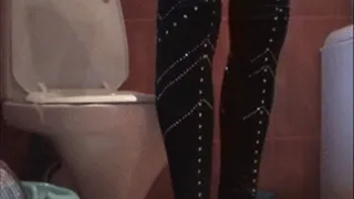 Toilet clip with shiny leggings and high heels