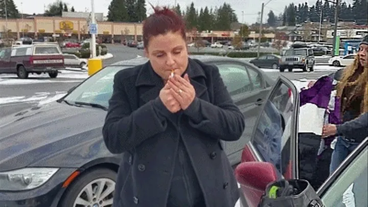 Ashley and her step-mom smoke in the parking lot