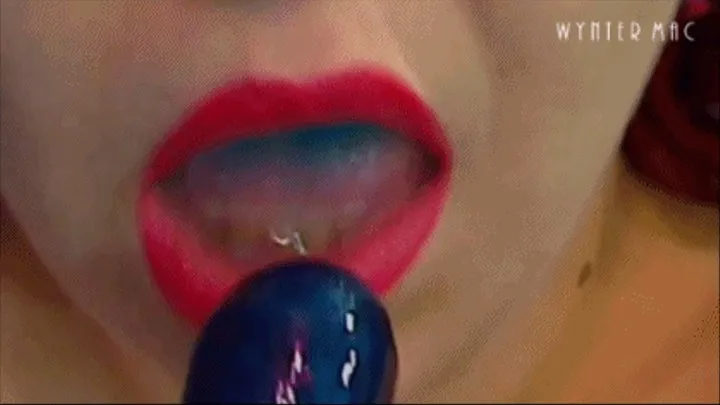 Blue Lolli Licking & Sucking Upclose