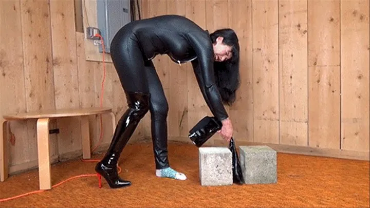 Basement Boot Stuck Struggle In Catsuit & Over the Knee Boots - WMV