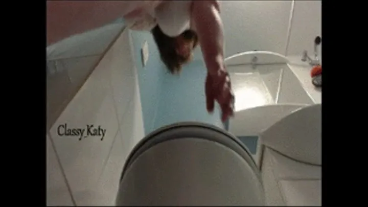 Katy's big belly & tits from below - runny toilet visit!