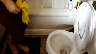 to clean toilet with rubber gloves