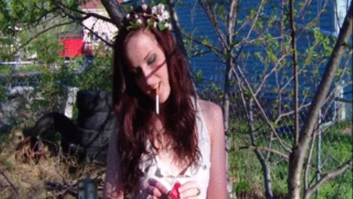 Sexy redhead slut smokes outside house