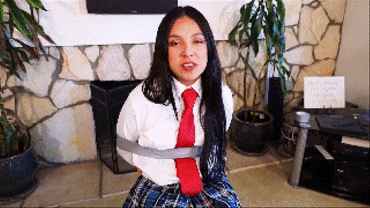 The most popular girl at school gets captured, tied to a chair and gagged by the weird guy