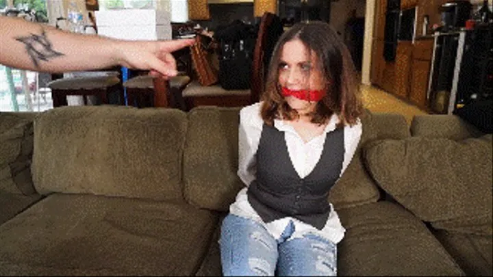 Sophia, a detective in trouble gets handcuffed with her own cuffs and cleave gagged, then tied with rope and ballgagged