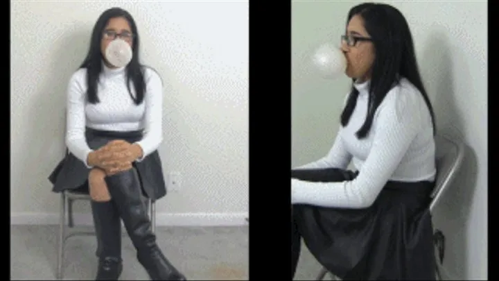 eRica shows us how she chews gum and blows bubbles while wearing a white turtleneck and leather skirt!!