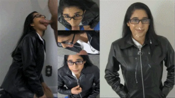 eRica catches her boyfriend trying to jerk off on her leather jacket, sucks cock and gets cum on her face and her shiny leather jacket helping him get his release!