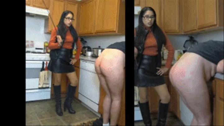 eRica beats the painters ass with a riding crop while wearing her tight turtleneck, shiny puffer vest, and leather skirt!