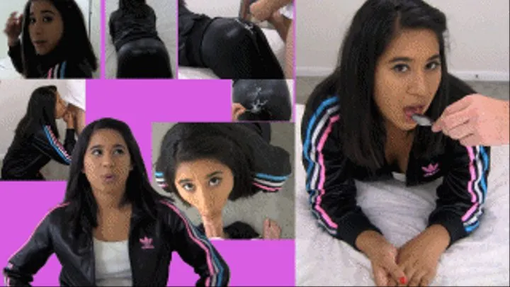 eRica has her shiny leather leggings and tracksuit cummed on and then eats the cum off her ass with a spoon