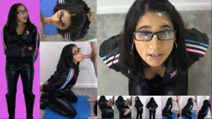 Handcuffed eRica gets spanked, sucks cock, and gets her face blasted with cum while wearing her Adidas Chile 62 jacket and shiny leggings!