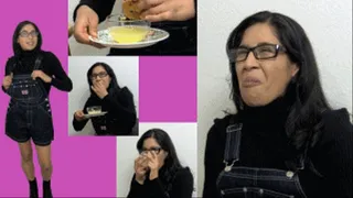 eRica drinks a bowl of defrosted cum as punishment for buying expensive overalls
