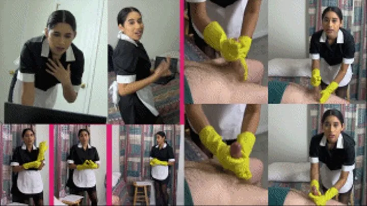 Maid eRica discovers your dirty fetish videos & gives you a handjob with dish gloves to milk the impure thoughts out of you