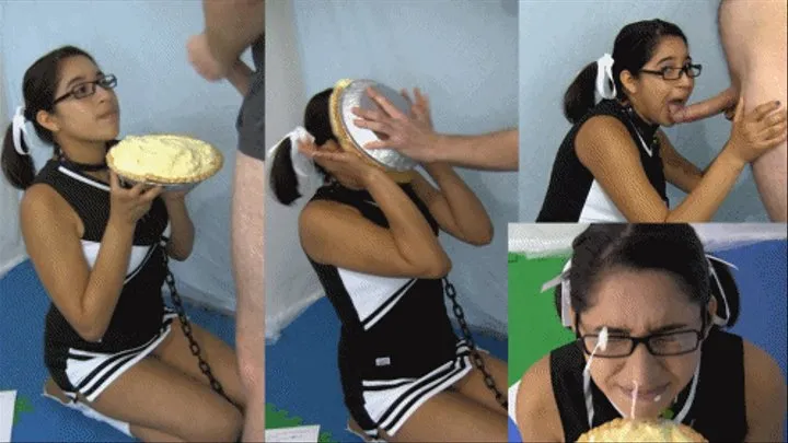 Cheerleader eRica throats a cock for a facial “desert topping” and is takes a pie!!