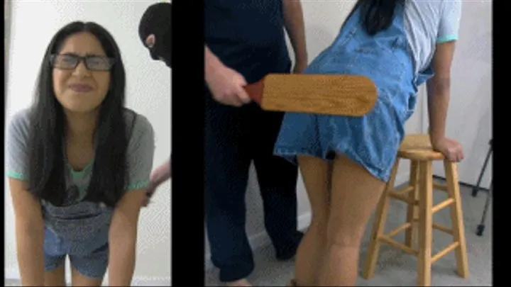 eRica gets caught messing around with a dildo. She gets spanked & paddled in her overalls as punishment.