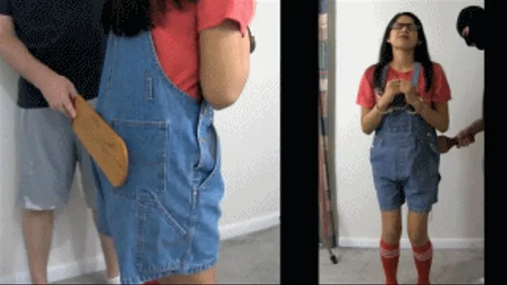 Handcuffed candy thief eRica gets paddled over her overalls