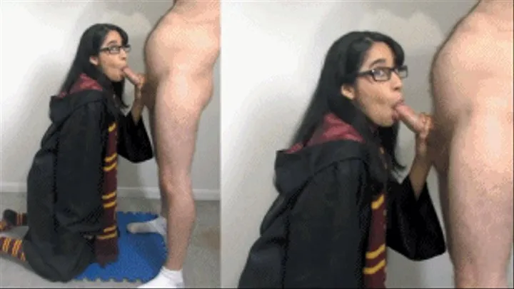 Hogwarts witch bitch eRica summons a man to play with. She sucks his cock until he blows his load all over her face