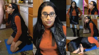 eRica sucks the painters cock and takes a facial while wearing her tight turtleneck, shiny black puffer vest, & leather skirt!