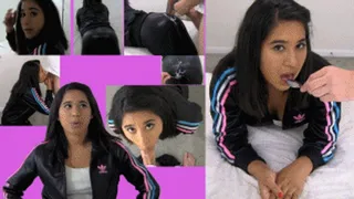 eRica has her shiny leather leggings and tracksuit cummed on & then eats the cum off her ass with a spoon