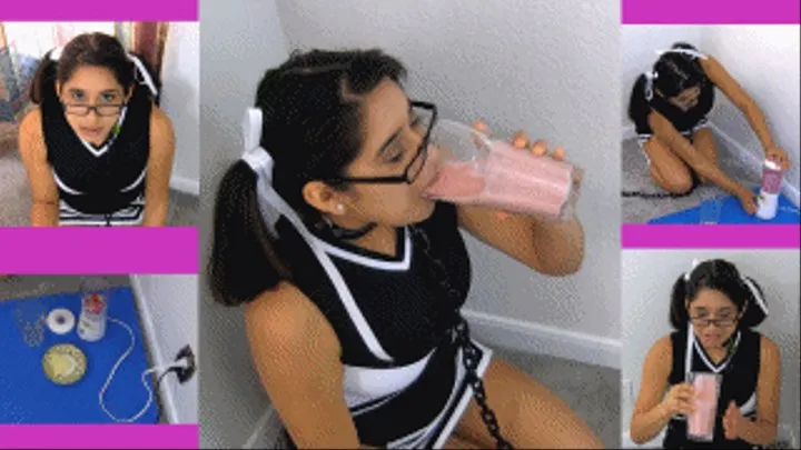 Cheerleader eRica drinks a cum smoothie made from frozen cum cubes!