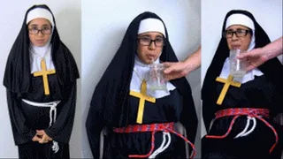 Nun eRica drinks the"seed of man" (cum jar) while tied up to cleanse her soul!