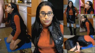 eRica sucks the painters cock and takes a facial while wearing her tight turtleneck, shiny black puffer vest, and leather skirt!!