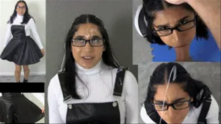 eRica sucks cock and gets a facial while wearing a short leather dress and a tight turtleneck to work!