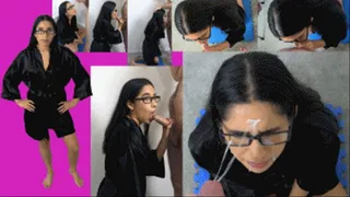 eRica sucks cock and gets cum all over her face and on her satin robe!!