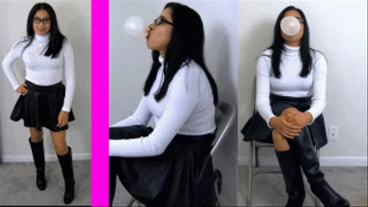 eRica shows us how she chews gum and blows bubbles while wearing a white turtleneck and leather skirt!