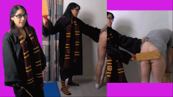 Hogwarts witch bitch eRica summons a man to play with! He gets beat with a paddle for not cooperating!