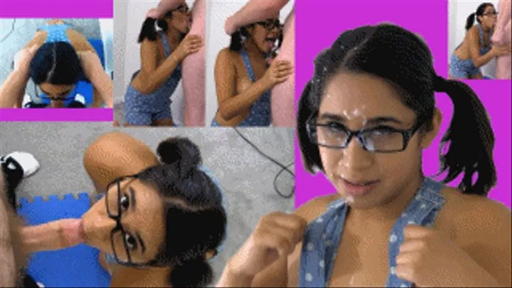 eRicas pigtails get turned into handlebars while geting facefucked! She takes a facial wearing her overalls!