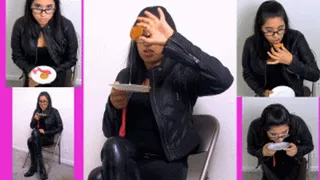 Leather bitch eRica spits cum from a used condom onto a cookie & eats it!