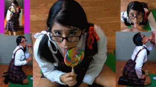 Candy Cunt girl eRica licks a lollipop, sucks a cock, & then gets a facial!