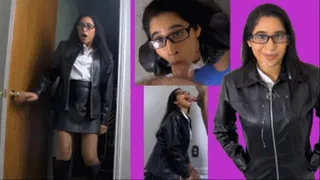 eRica catches her boyfriend trying to jerk off on her leather jacket, sucks cock and gets cum on her face & her shiny leather jacket helping him get his release!