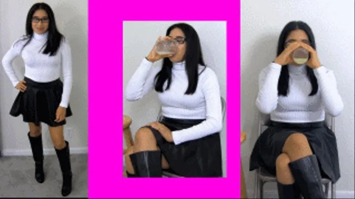 eRica shows us how she drinks a fans cum in her white turtleneck & leather skirt!