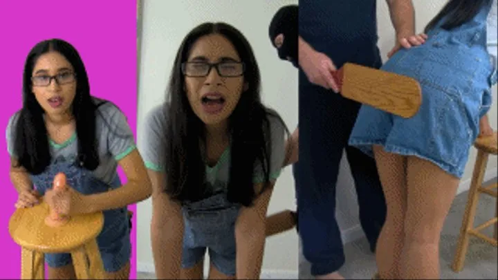 eRica gets caught messing with a dildo! She gets spanked & paddled in her overalls as punishment!!