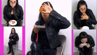 Leather bitch eRica spits cum from a used condom onto a cookie and eats it!