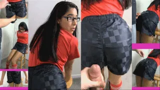 Soccer girl eRica lets the coach jerk off all over her Umbro shorts & then dump defrosted cum on them!!