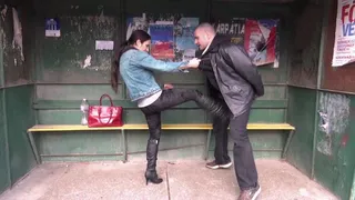 MIRA - OUTDOORS SLAVE TRAINING - AT THE BUS STATION - PUBLIC BALLBUSTING IN BOOTS REMASTERED