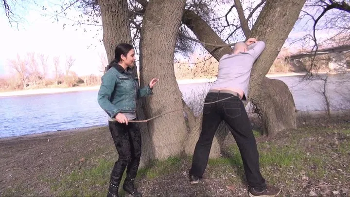 MIRA - OUTDOORS SLAVE TRAINING - AT THE RIVER - HARD SPANKING WITH A HARD STICK REMASTERED