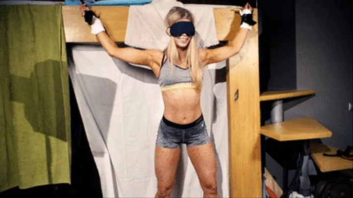 Fitness bikini champion blindfolded therapy - standup