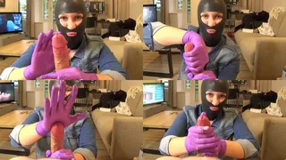 Pink Gloves Femdom Edging Handjob with Jeans Jacket and latex Mask