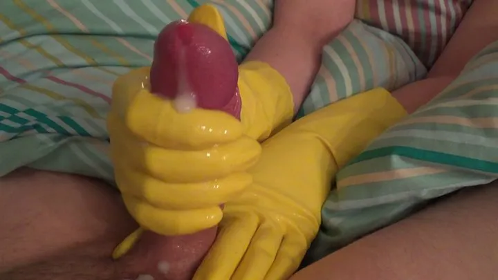 Yellow Household Rubber Gloves Intense Cumshot